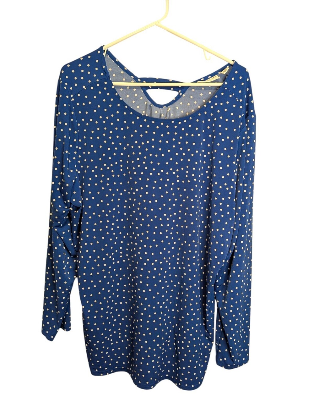 Susan Graver 2X Blue White Polka Dot Long Sleeve Keyhole Back Tunic Top USA